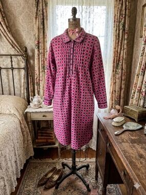 KayAnna Pink Flannel Nightgown Tunic | Floral Print | Velvet Trim | Size L/G